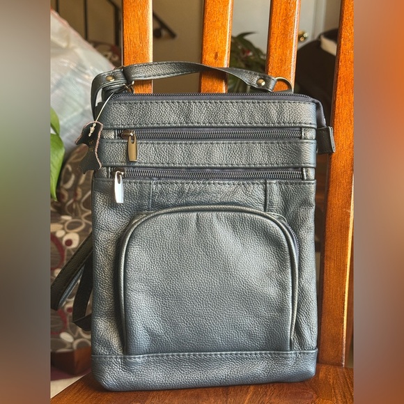 Unbranded Handbags - Genuine Leather Navy Crossbody Bag Multi Zip Organizer Travel Purse Small
